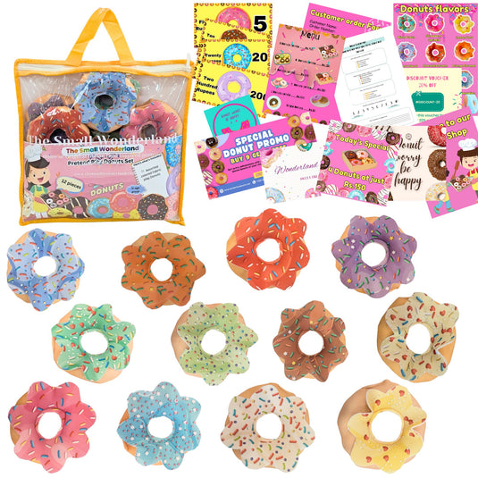 Pretend Play Donut Shop Set – 12 Colorful Fabric Donuts with Play Menu, ATM Cards, Money, and Shop Poster