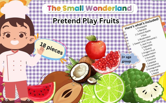 Pretend Play Fruits- 18-Piece Pretend Play Fruits Set+ informational cards & play money  Realistic Play Food for Kids