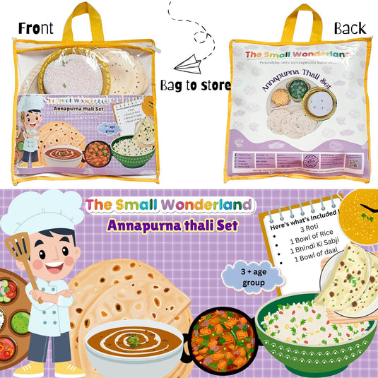 Annapurna Thali Pretend Play Set -Roti,Daal ,Rice ,bhindi ki sabji - Indian Food Inspired Pretend Play toys