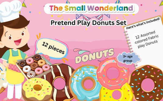 Pretend Play Donut Shop Set – 12 Colorful Fabric Donuts with Play Menu, ATM Cards, Money, and Shop Poster