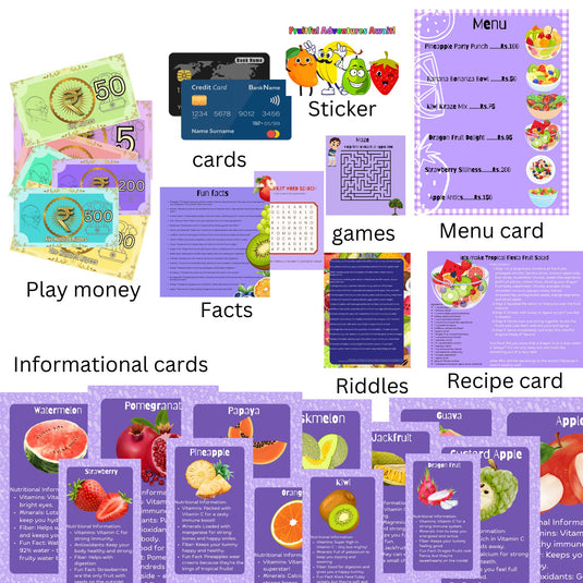 Pretend Play Fruits- 18-Piece Pretend Play Fruits Set+ informational cards & play money  Realistic Play Food for Kids