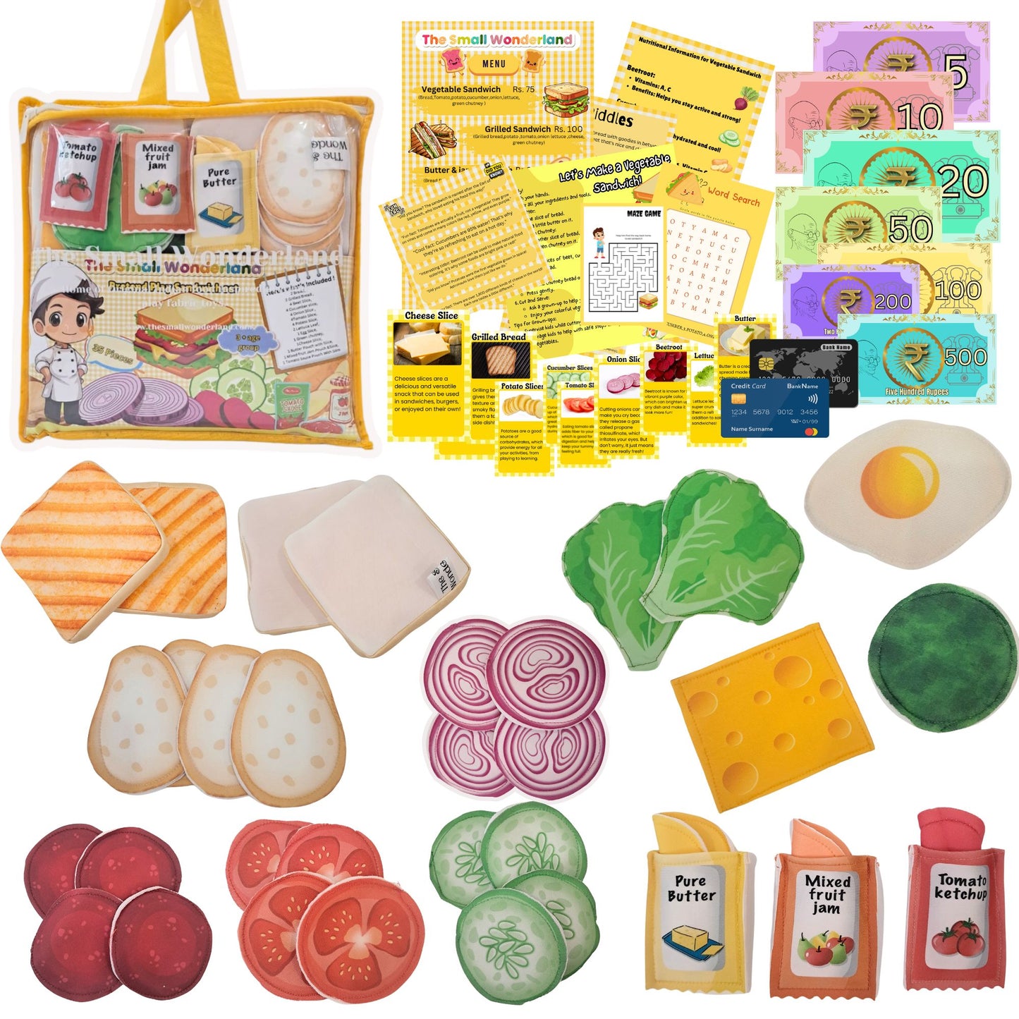 Pretend play Sandwich set - 35 piece and 35+ Play cards with information & more fun