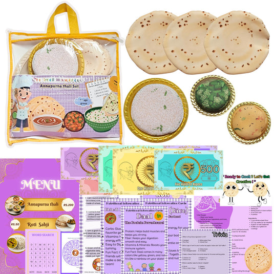 Annapurna Thali Pretend Play Set -Roti,Daal ,Rice ,bhindi ki sabji - Indian Food Inspired Pretend Play toys