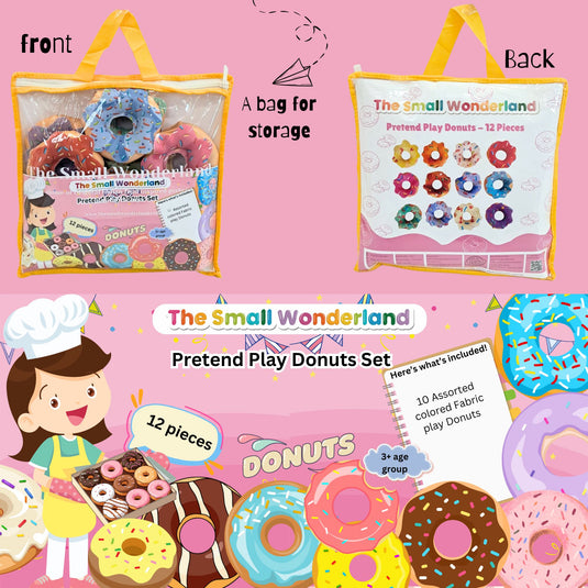 Pretend Play Donut Shop Set – 12 Colorful Fabric Donuts with Play Menu, ATM Cards, Money, and Shop Poster