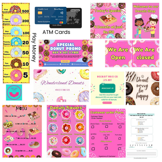 Pretend Play Donut Shop Set – 12 Colorful Fabric Donuts with Play Menu, ATM Cards, Money, and Shop Poster